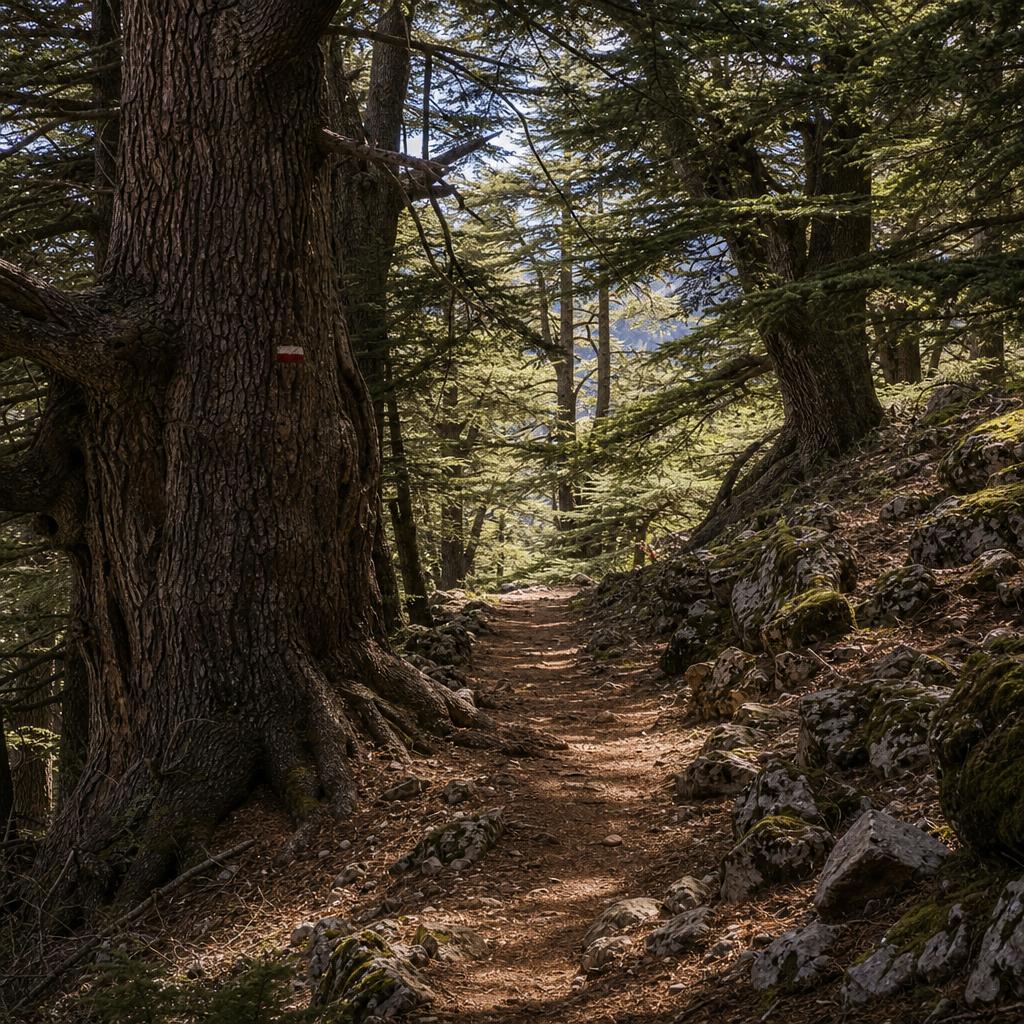 Guided hiking through ancient cedar trees in the Azrou cedar forest, Middle Atlas Morocco